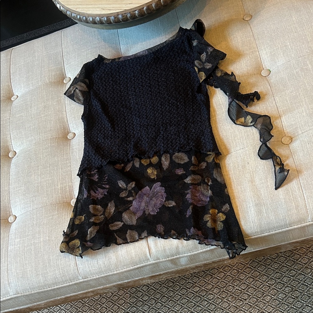Statement Y2K Dong Fang Ming Li Floral Mesh Crochet Asymmetrical Top Size Small - Picture 7 of 8